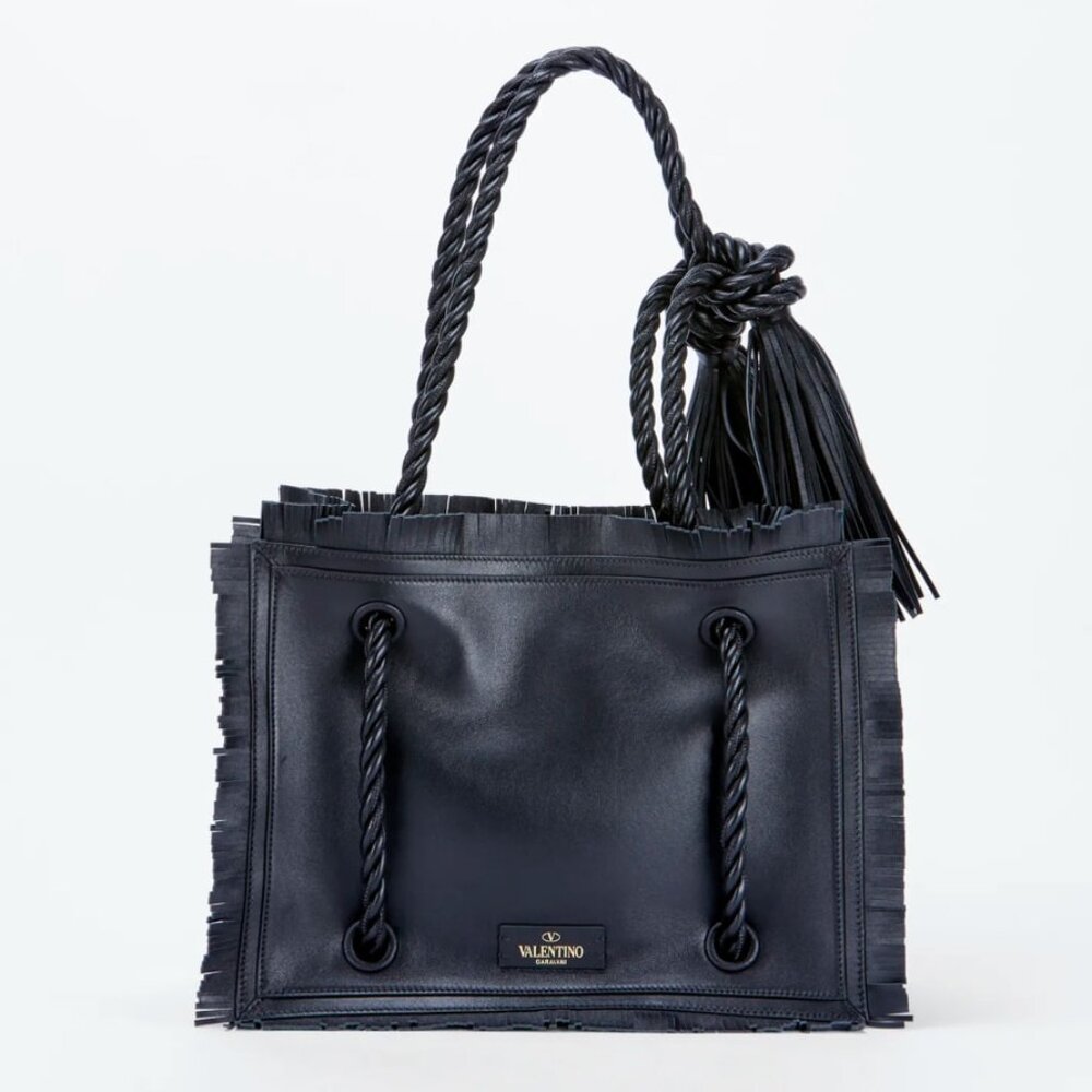 VALENTINO The Rope black fringe leather braided rope handle tote bag/Medium